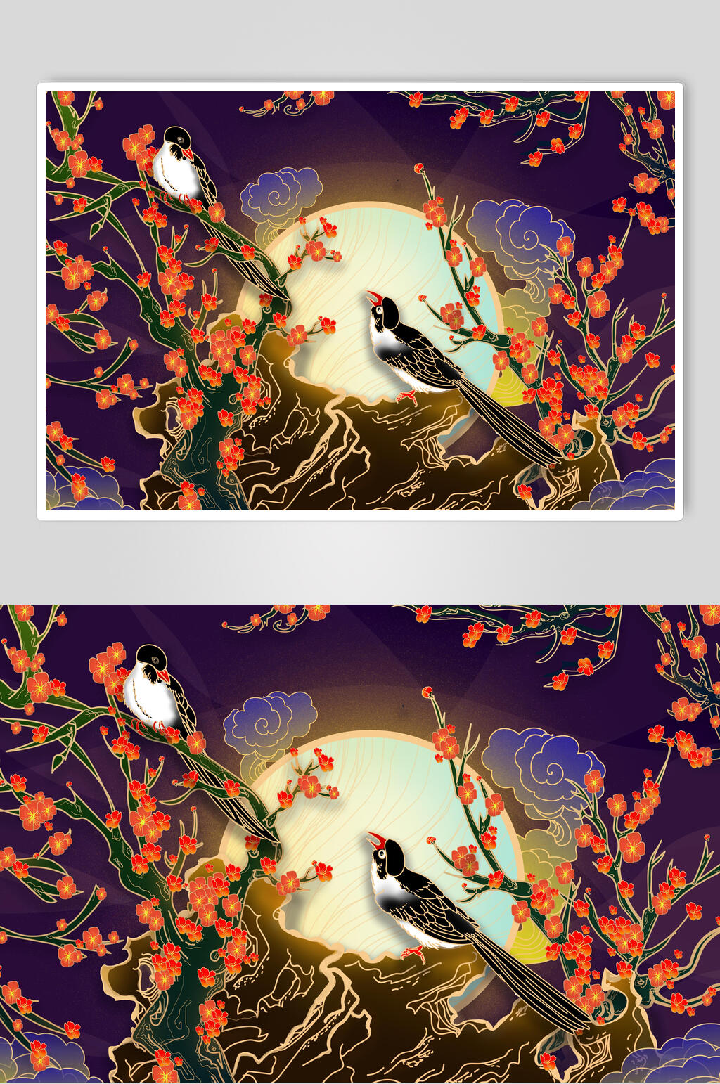 中国风喜鹊梅花枝中式国画插画素材