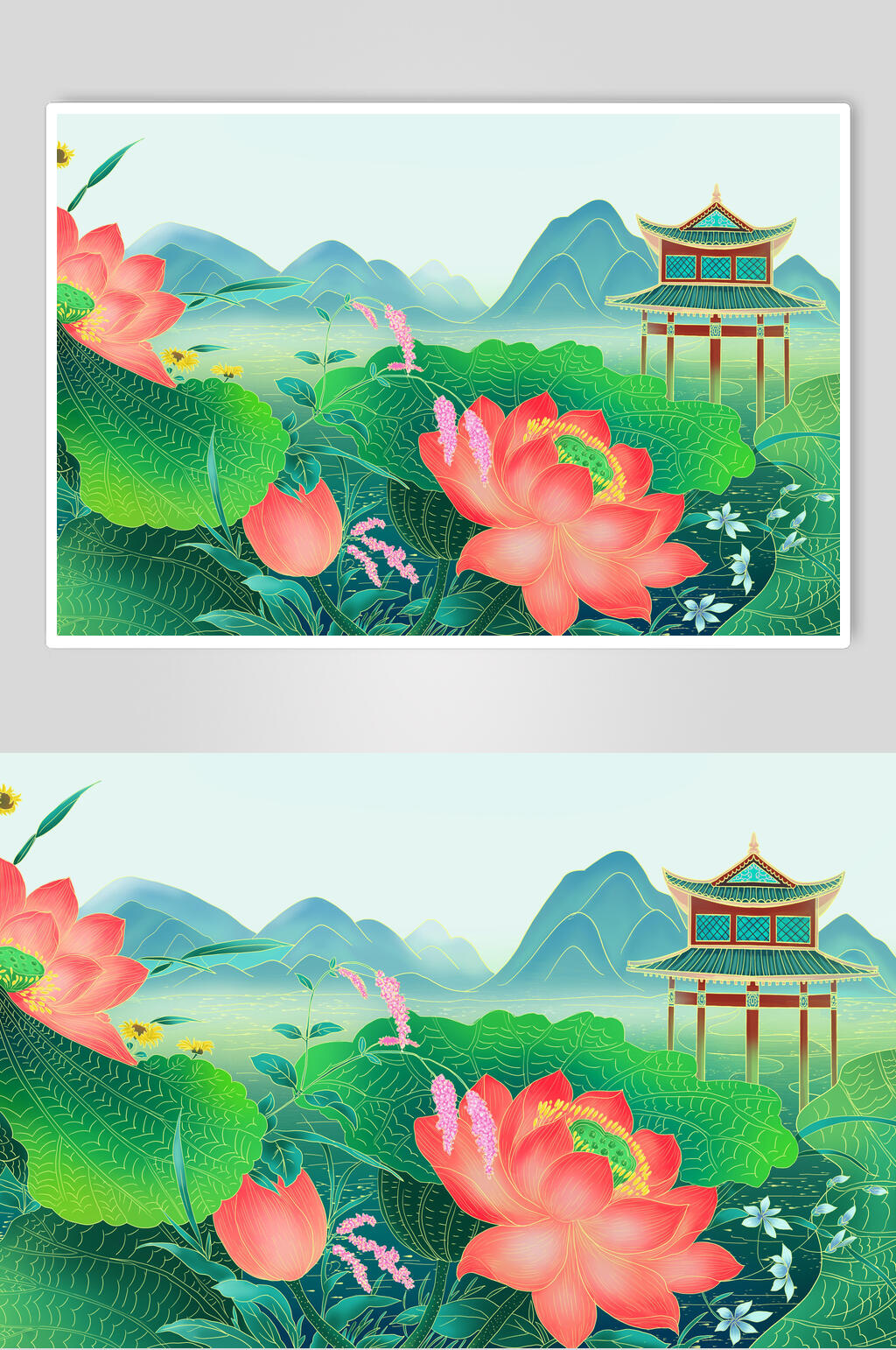 群山凉亭荷花池中式国画插画素材