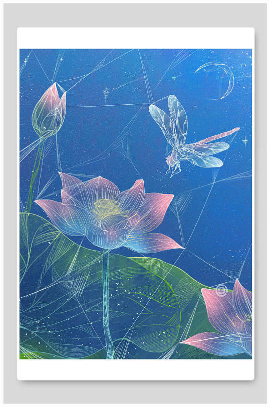 唯美渐变荷花创意高端中式国画插画