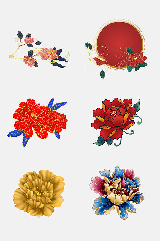 中式牡丹花朵图案免抠素材