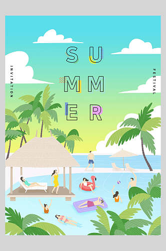 沙滩夏季清新插画海报