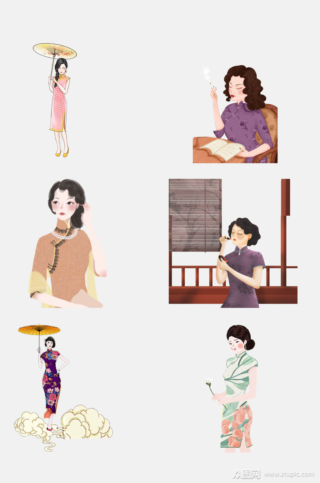 复古民国美女情侣插画免抠素材素材