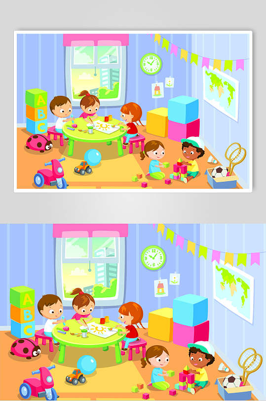 彩色可爱小朋友卡通儿童学习幼儿园矢量插画