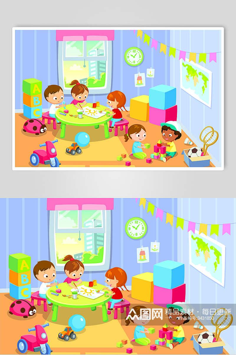 彩色可爱小朋友卡通儿童学习幼儿园矢量插画素材