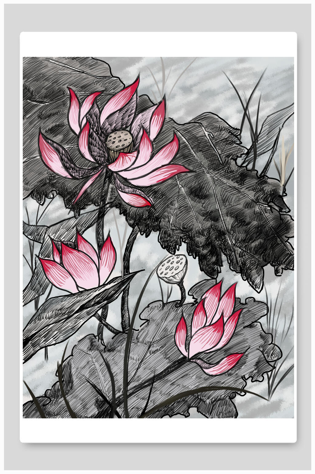 创意黑白中式荷花国画插画素材
