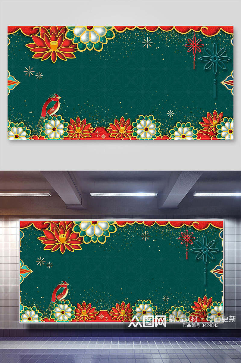 绿色花朵鹦鹉国潮中式古典背景素材