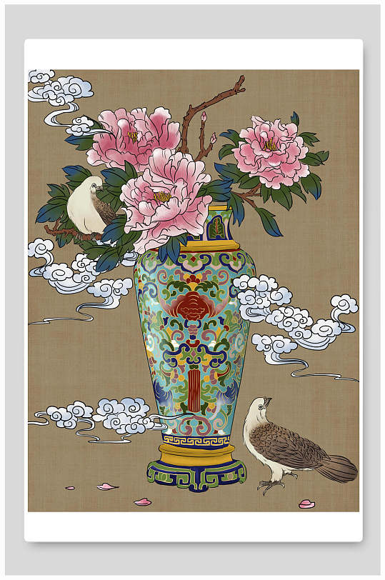 大气中式国牡丹白云画插画