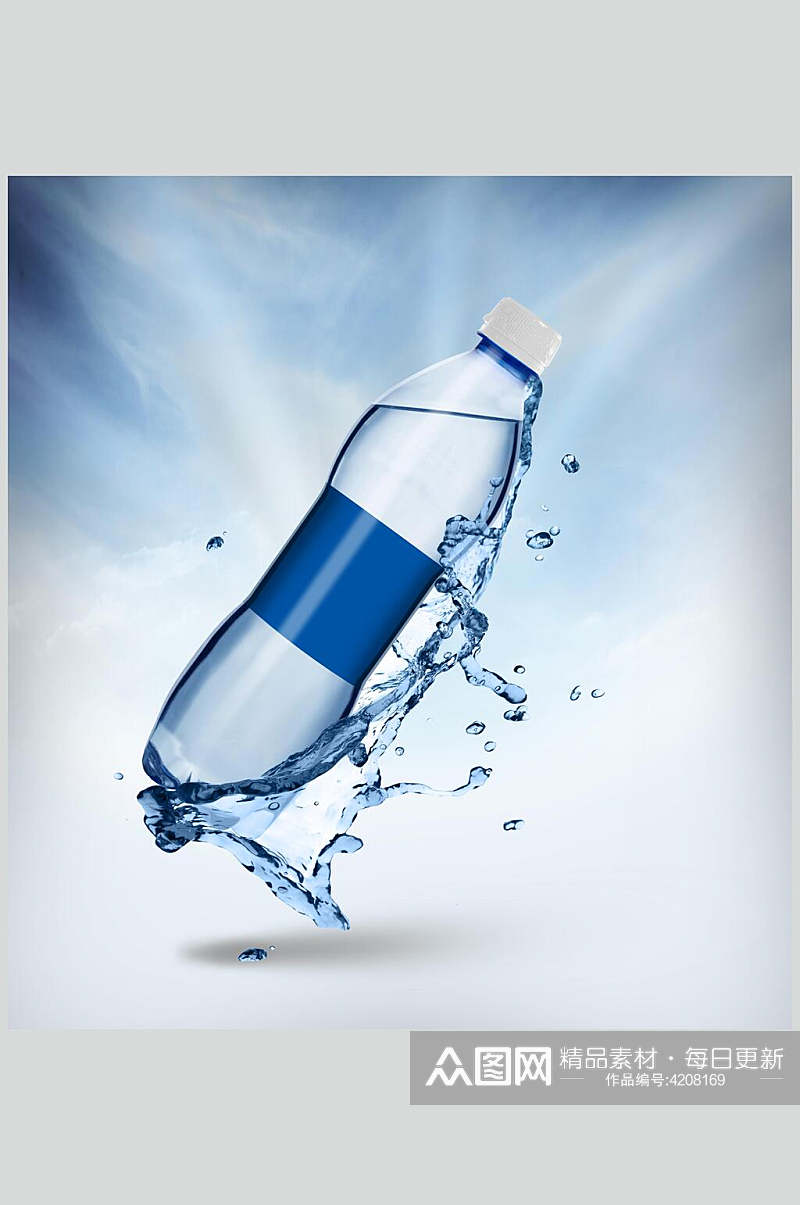 液体水滴蓝白色背景墙饮料瓶样机素材