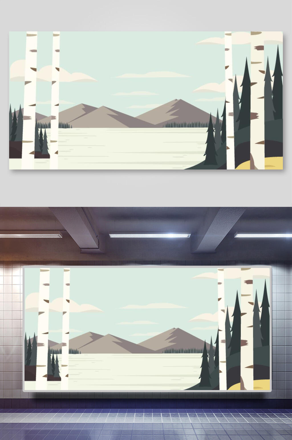 唯美小清新山水森林风景矢量插画素材