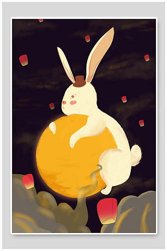新式中秋节灯笼兔子包月插画