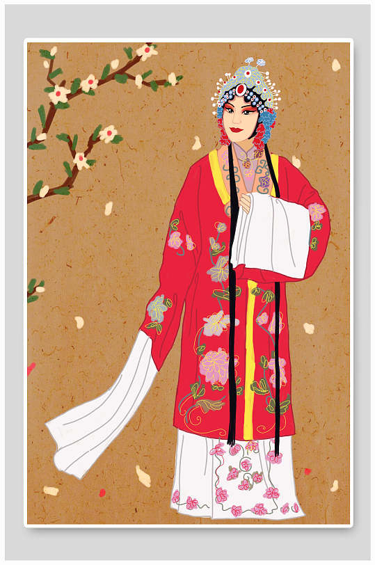 唯美红黄花朵创意大气戏曲人物插画