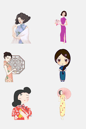 中式民国美女情侣插画免抠素材