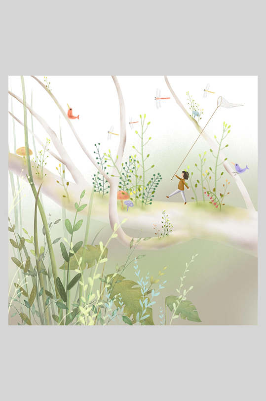 浅淡山林女孩游玩森系手绘植物插画