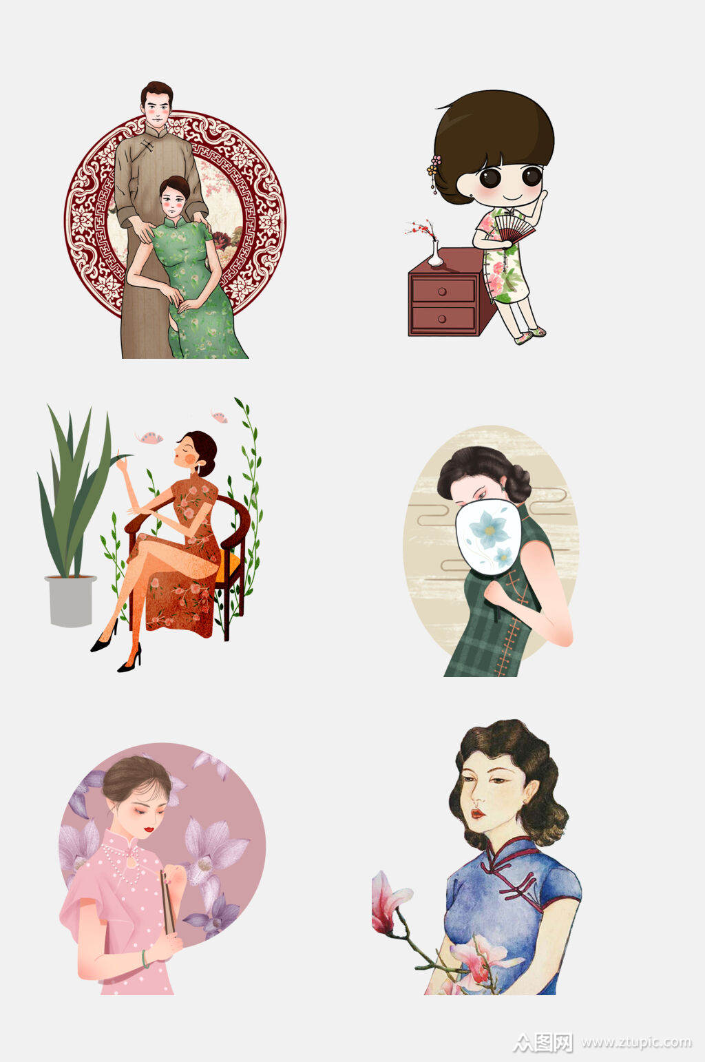 古典民国美女情侣插画免抠设计素材素材
