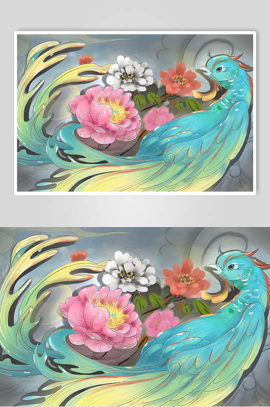 凤凰彩色荷花中式国画插画