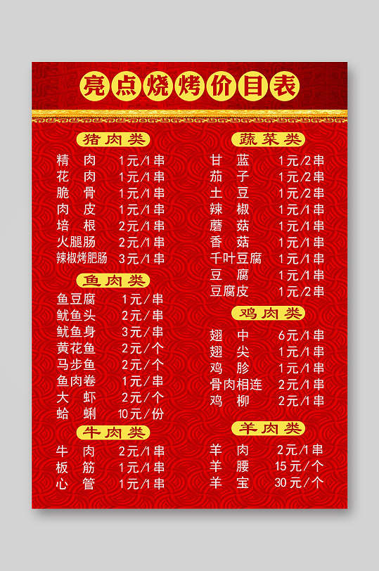 亮点烧烤店价目表