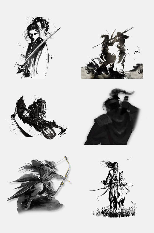 创意武侠水墨风剪影人物免抠素材