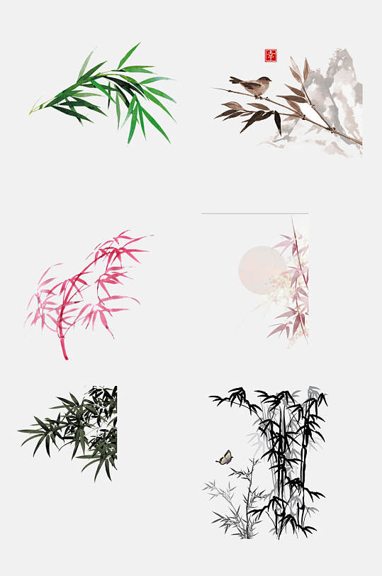 彩色水墨竹子手绘免抠素材