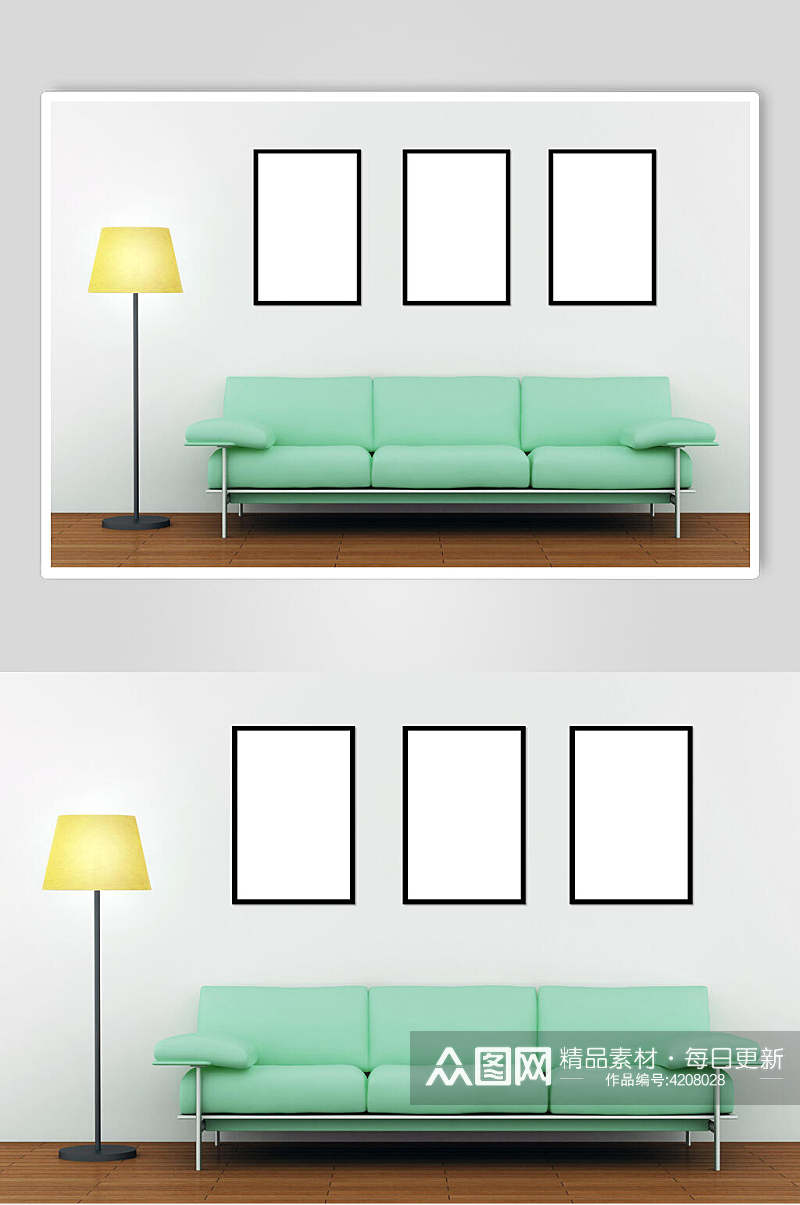 相框室内蓝绿色沙发场景样机素材
