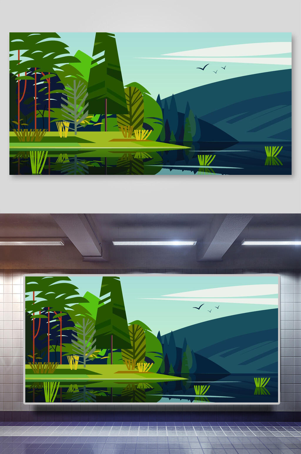 唯美河畔风景矢量插画素材
