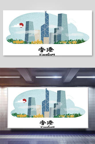 香港城市地标建筑插画