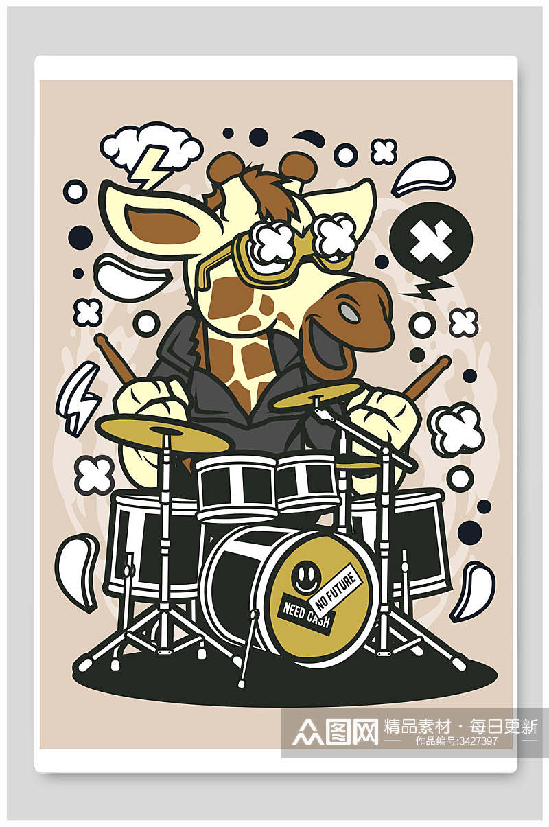 卡通长颈鹿打架子鼓插画素材