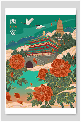 中式国牡丹花古代建筑画插画