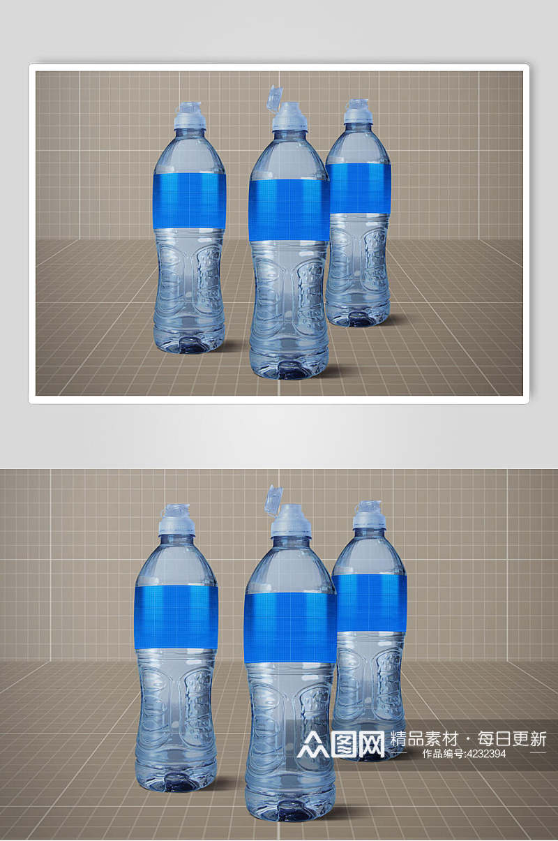 蓝色简约矿泉水瓶包装贴图样机素材