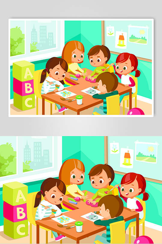 彩色玩玩具卡通儿童学习幼儿园矢量插画