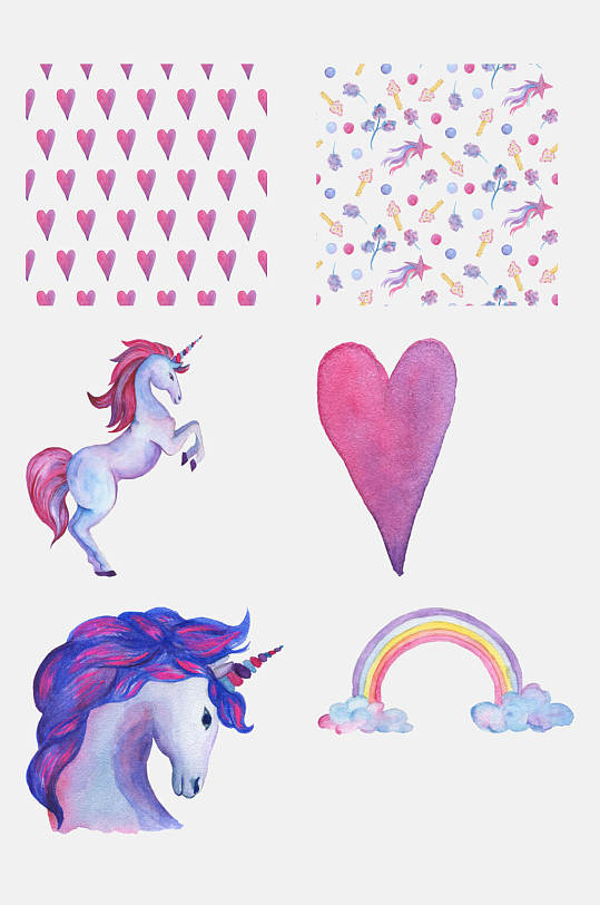 水彩独角兽彩虹免抠素材清新花卉水彩卡通梦幻独角兽免抠素材6812