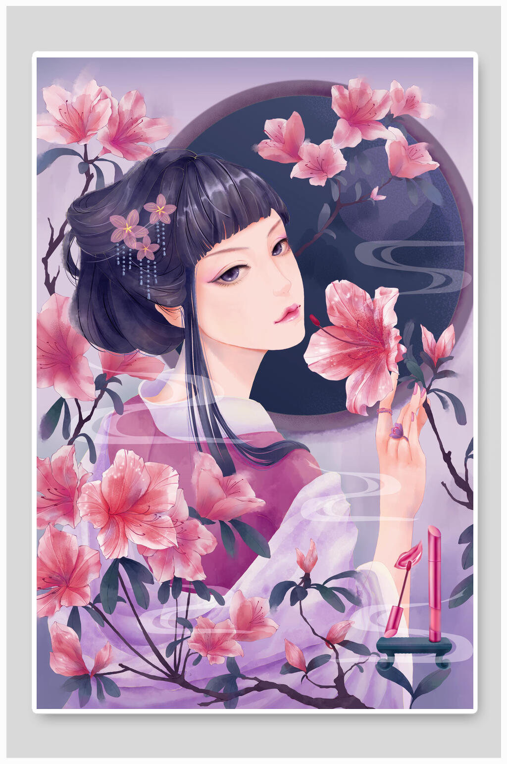 古装美女花中式国画插画素材