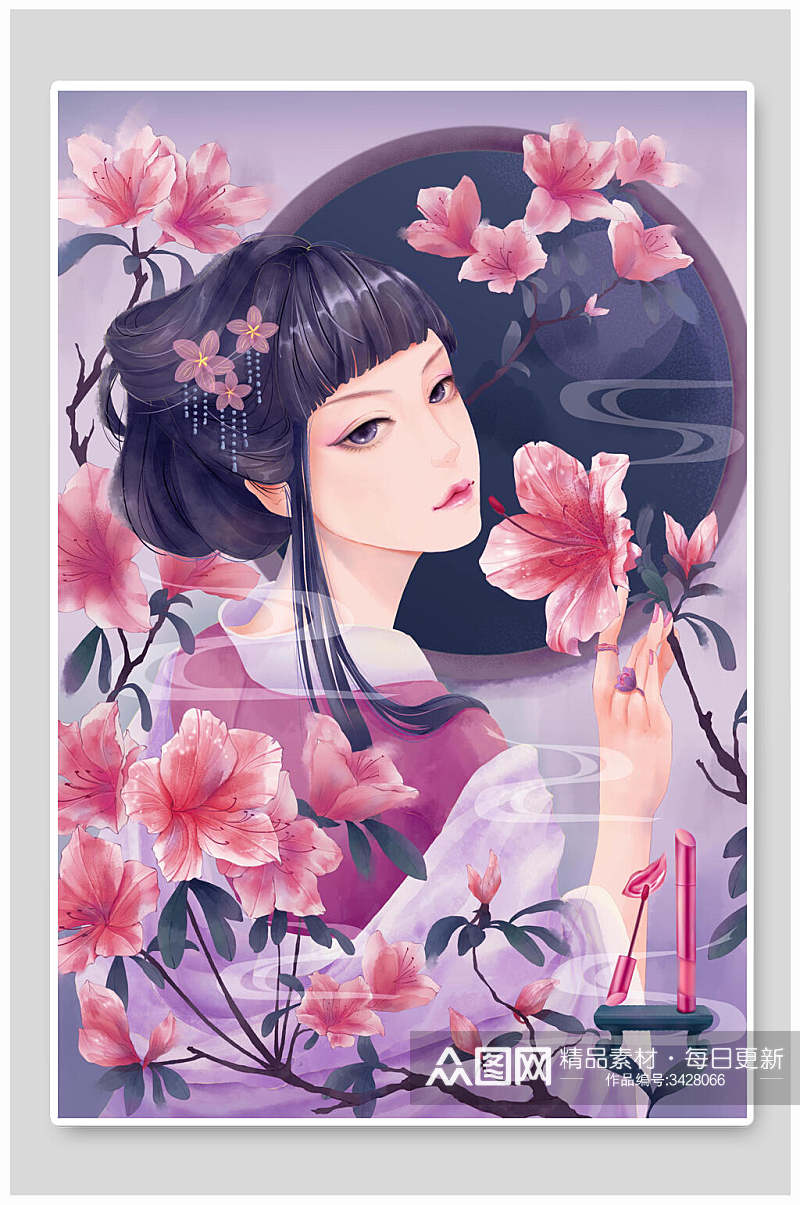 古装美女花中式国画插画素材