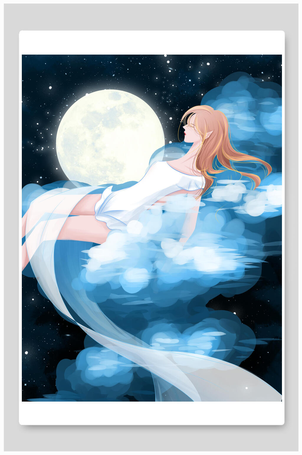 唯美小清新云朵女孩晚安插画素材