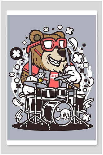 卡通灰色小熊打架子鼓插画