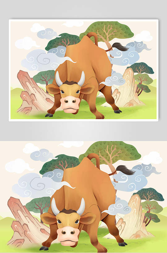 壮牛匍匐卡通牛年插画