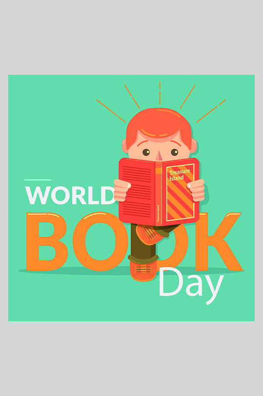 绿色世界读书日男孩看书书籍阅读矢量插画