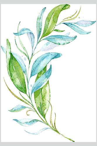 天蓝色绿色树叶手绘植物插画图片