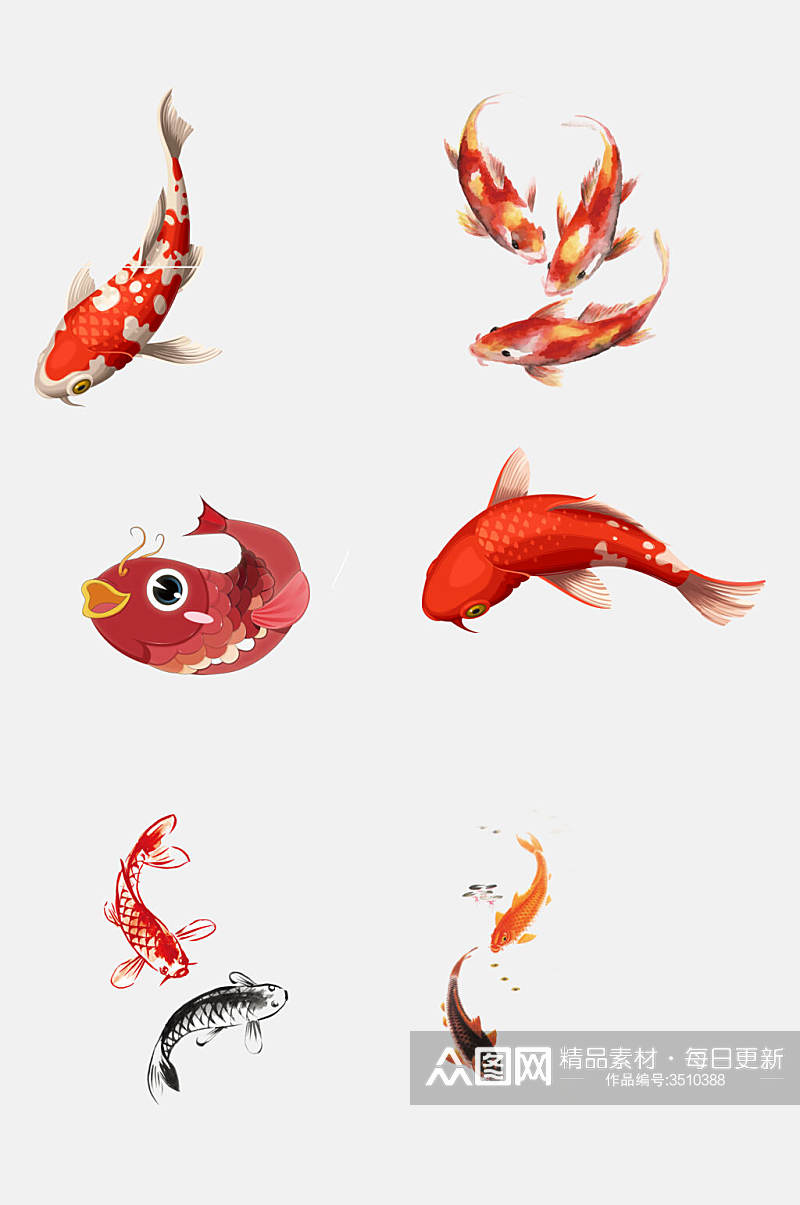 红色水彩锦鲤鱼类免抠素材素材