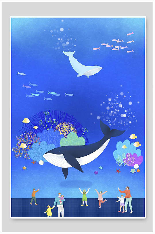 蓝色亲子海豚天空清新唯美旅游插画