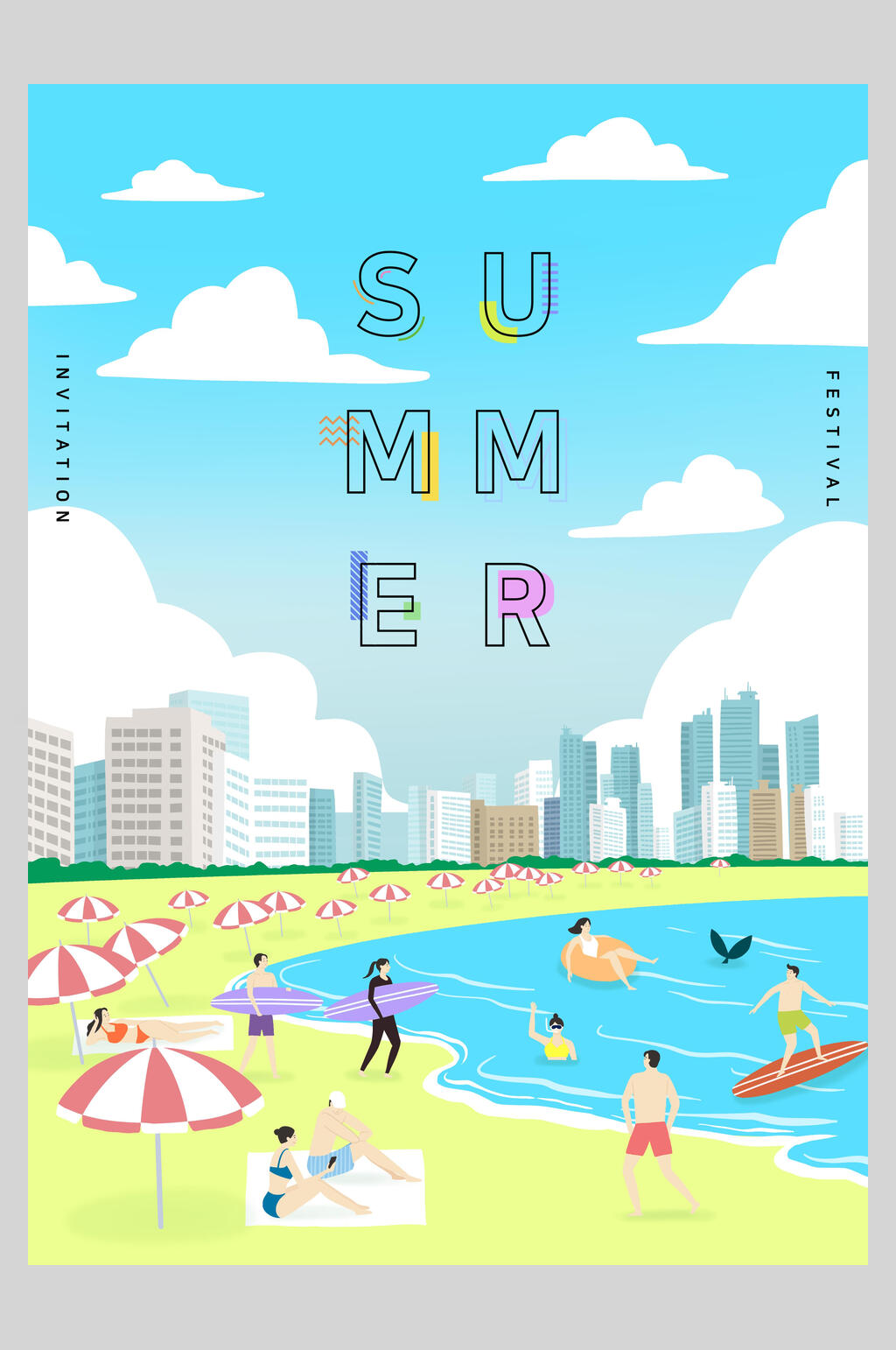 烈日沙滩夏季清新插画海报素材