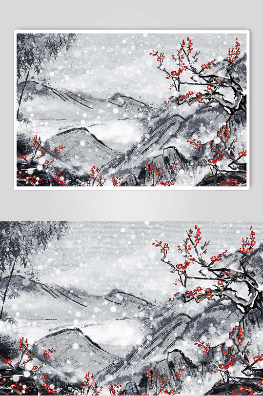 精美中式雪中梅花国画插画