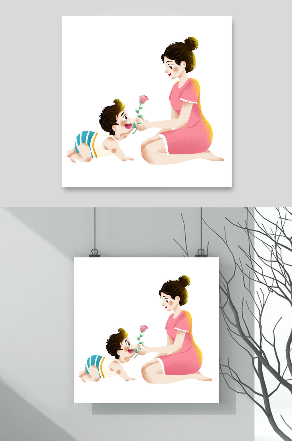 简约花朵母亲节温馨插画素材素材