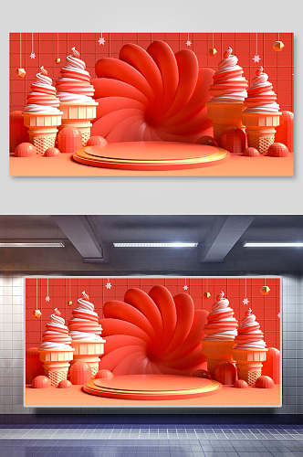 红色创意冰淇淋CD展示台效果背景