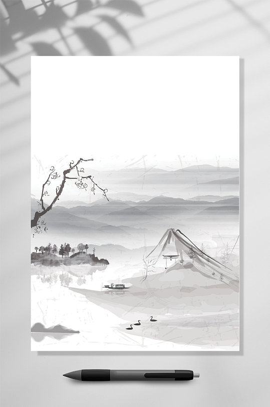 古风水墨山水画信纸WORD-众图网