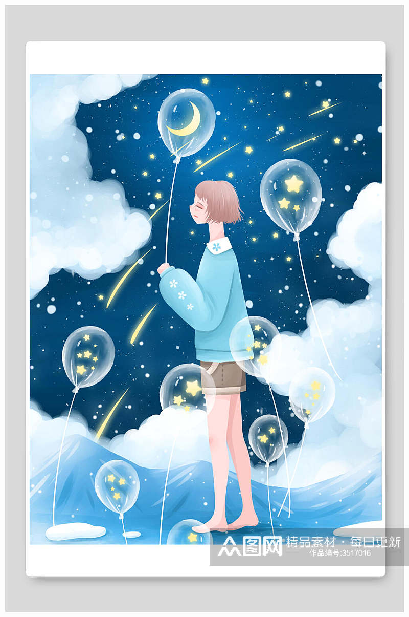 小清新气球月亮星星唯美星空插画素材