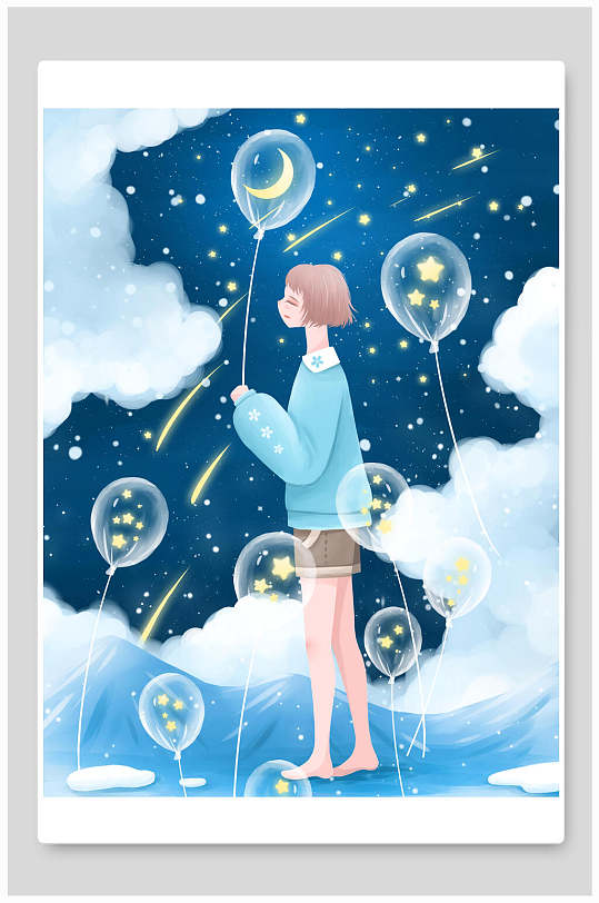 小清新气球月亮星星唯美星空插画