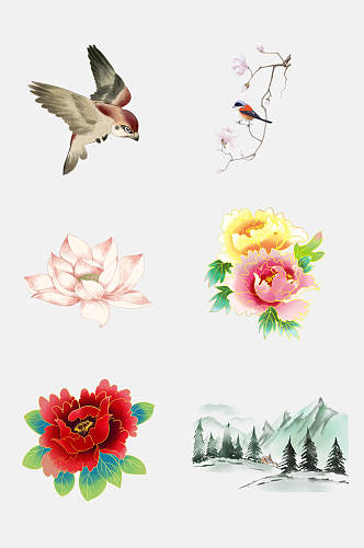 中国风水彩花朵小鸟免抠素材