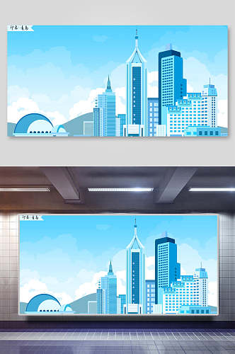 极简蓝色青岛城市印象地标建筑插画