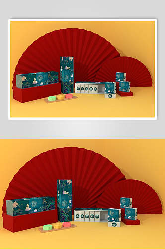 红色扇子高端文创包装设计展示样机