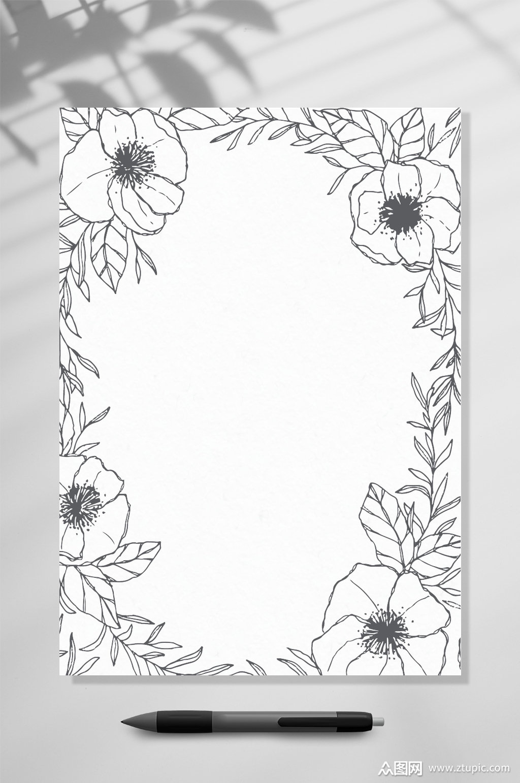 黑白牵牛花便签信纸word模板下载-编号3826719-众图网